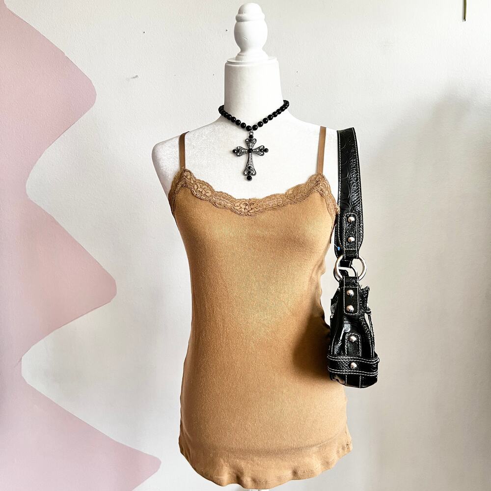 Brown Lace Trim Tank Top, Y2K 2000s Vintage Boho Soft Grunge Medium